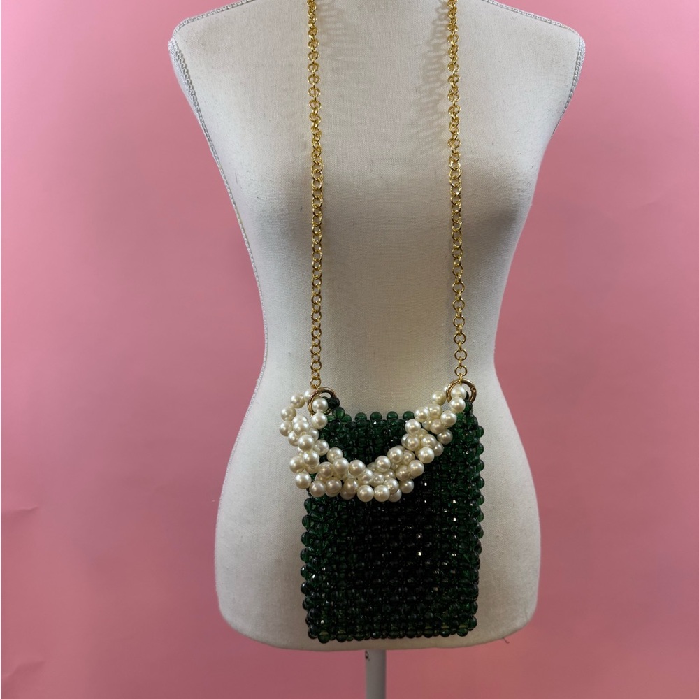 Elegant Green Beaded Bag with Gold Chain